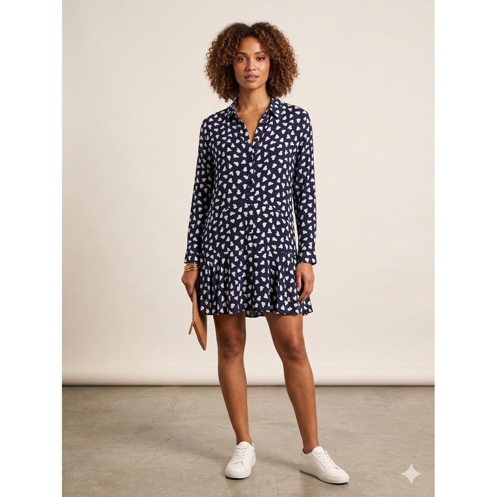 11.1 Tylho Anthropologie Navy Heart Print Button Down Ruffle Mini‎ Dress Small